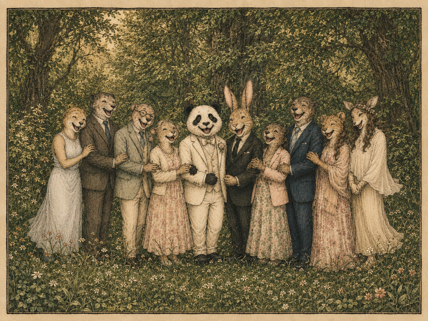An illustrated retelling of the family portrait: a laughing panda groom in a white suit and rabbit groom in a dark suit, arm in arm with a woodland-animal family in wedding attire