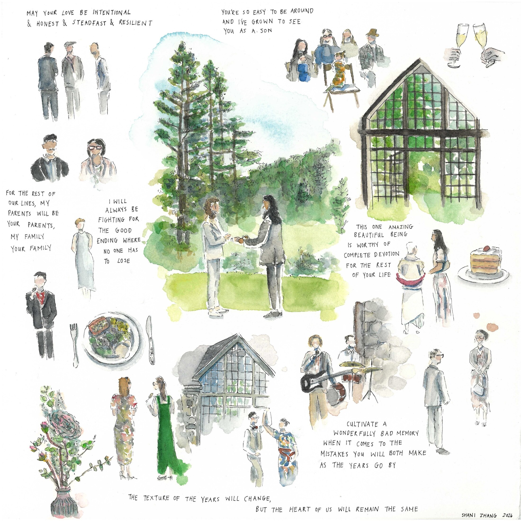 Watercolor painting of the wedding day: the ceremony beneath the pines, the Brazilian Room's great window, guests, toasts, and handwritten words from the vows and speeches